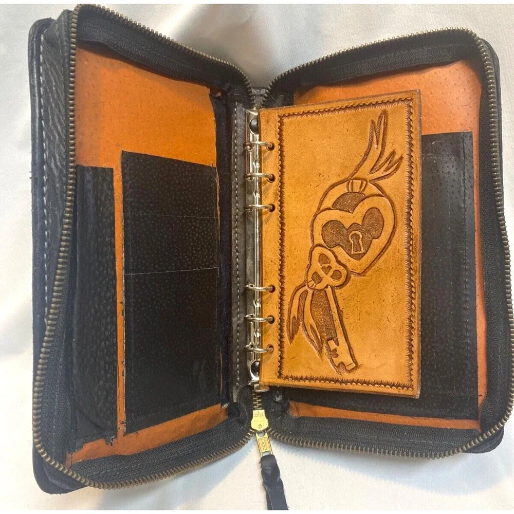 Vintage Leather Bound Ring Binder w/ Zipper Folder Keeper + Wallet - KAREN